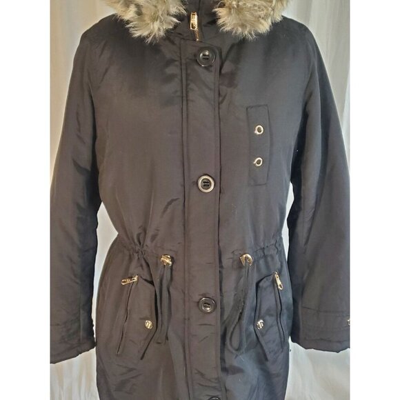 Steve Madden Parka Black Faux Fur Trim And Lining Removable Hood Sz M Penny Lane - Picture 8 of 16